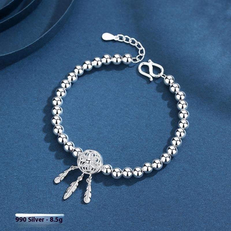 Pure Silver Glossy Lucky Beads Dreamcatcher Bracelet