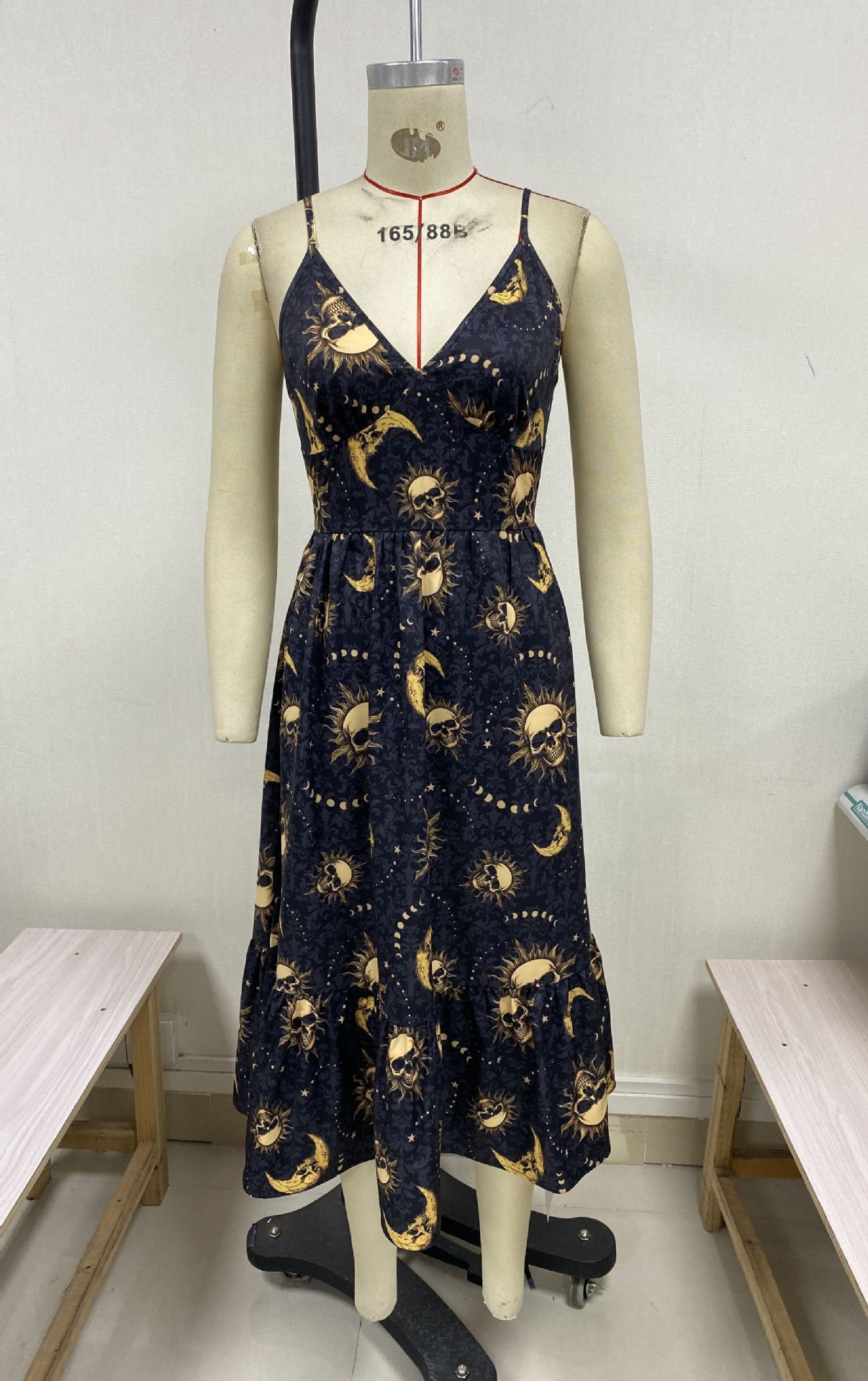 Lady Gothic Retro Dark Skull Bone Sun And Moon Print Dress