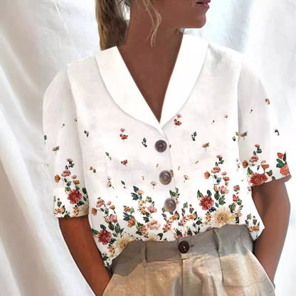 Women's Stand Collar Button Casual Half-sleeve Cotton And Linen Printed Short-sleeved Shirt