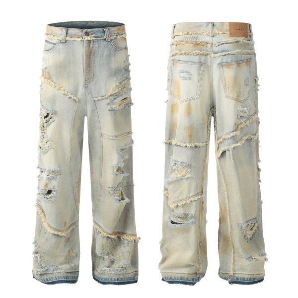 Washed Loose Wide Leg Large Hole Profile Tooling Ribbon Logging Jeans