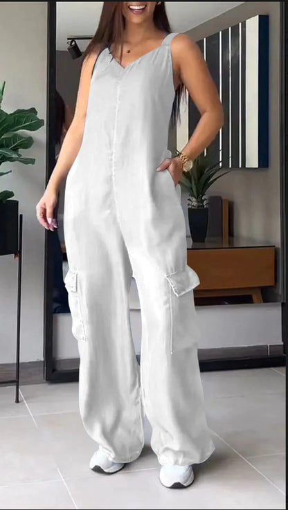 European And American Thin Jeans Wear Pocket V-neck Jumpsuit