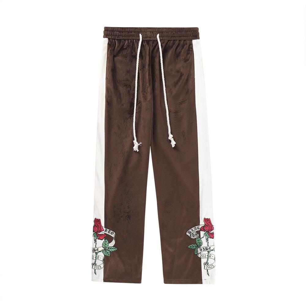 Rose Embroidery Casual Pants Men's Color Contrast Splice Sports Wide Leg Pants