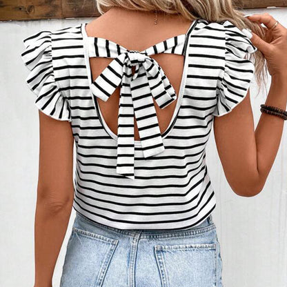 Summer Women's Striped Top Fashion V-neck T-shirt