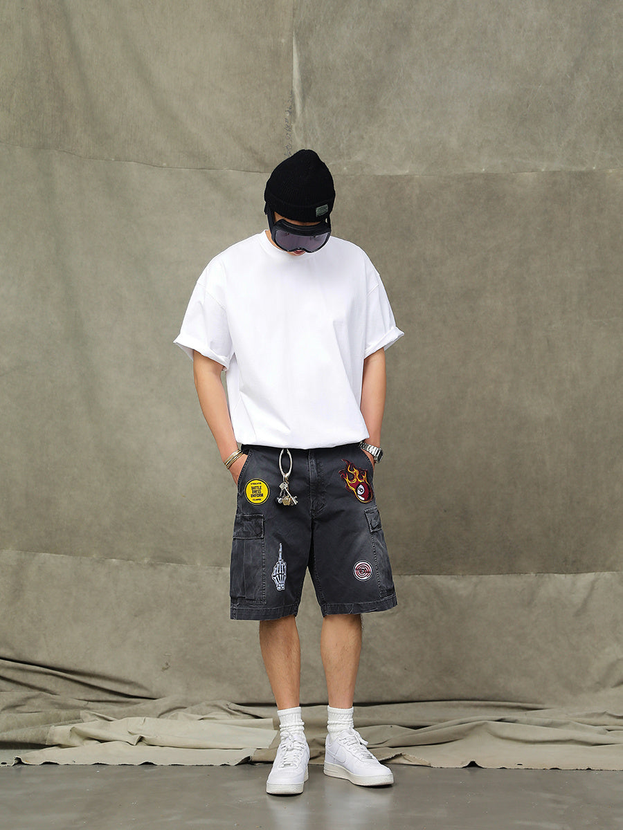 Vintage Worn Looking Washed-out Embroidered Cargo Shorts