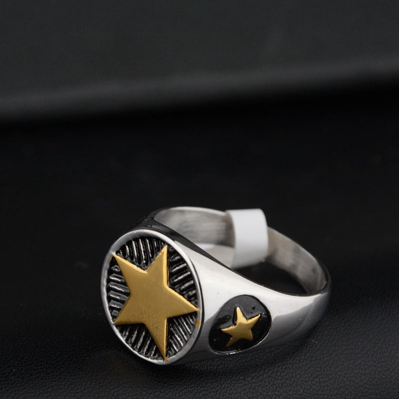 Five-pointed Star Round Brand Personality Titanium Steel Hip Hop Ring