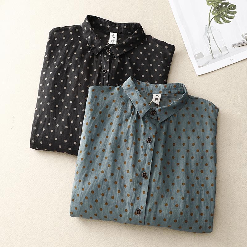 National Style Literary Style Lightweight And Slightly Transparent Polka-dot Loose-fitting Linen Shirt