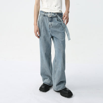 Men's Fashion Decorative Ribbon Elastic Waist Blue Jeans