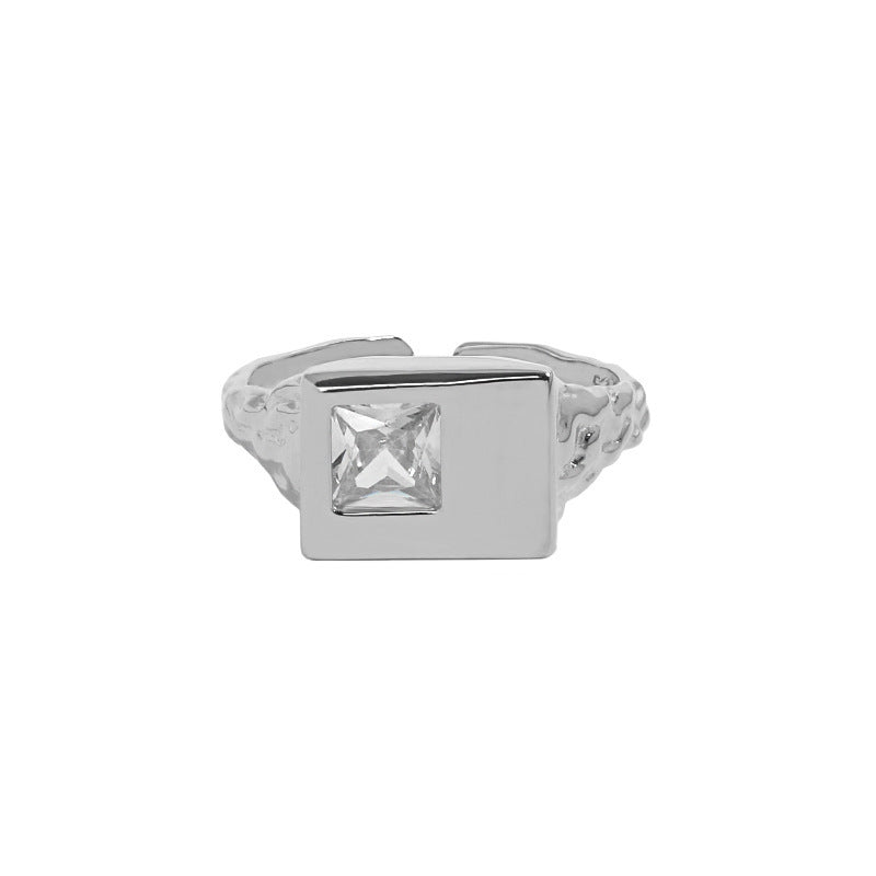 Geometric Square Micro Inlaid Zircon Textured Sterling Silver Ring