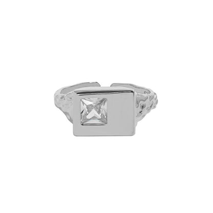 Geometric Square Micro Inlaid Zircon Textured Sterling Silver Ring