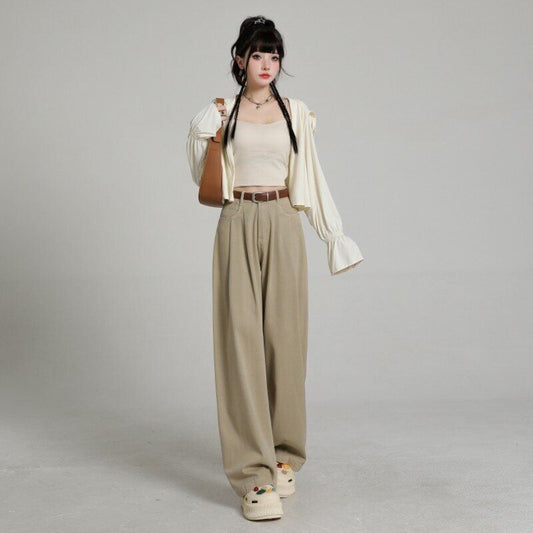 Summer Thin High Waist Belly Contracting Breathable Draping Lengthened Wide Leg Pants