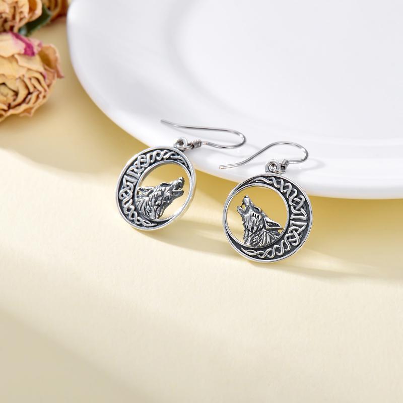 Wolf Celtic Moon Dangle Drop Earrings in Sterling Silver