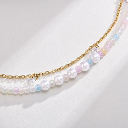 Cross Chain Pearl Bead Double-layer Bracelet