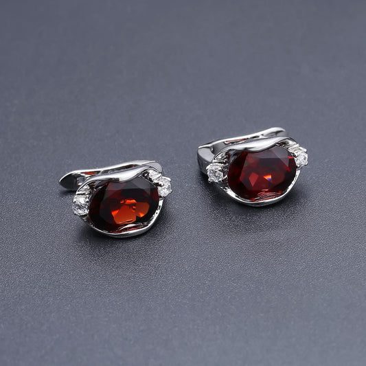 Natural Garnet Stud Earrings S925 Silver Inlaid