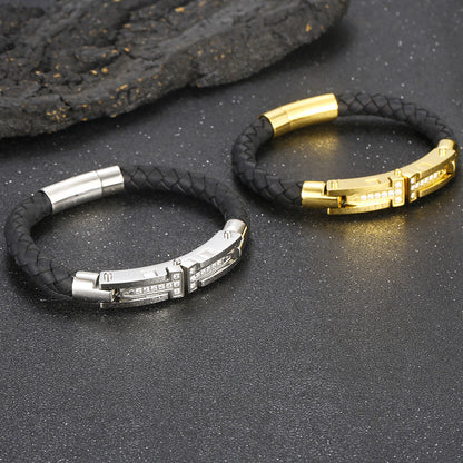 European And American Titanium Steel Personality Men's Weaving Leather Bracelet