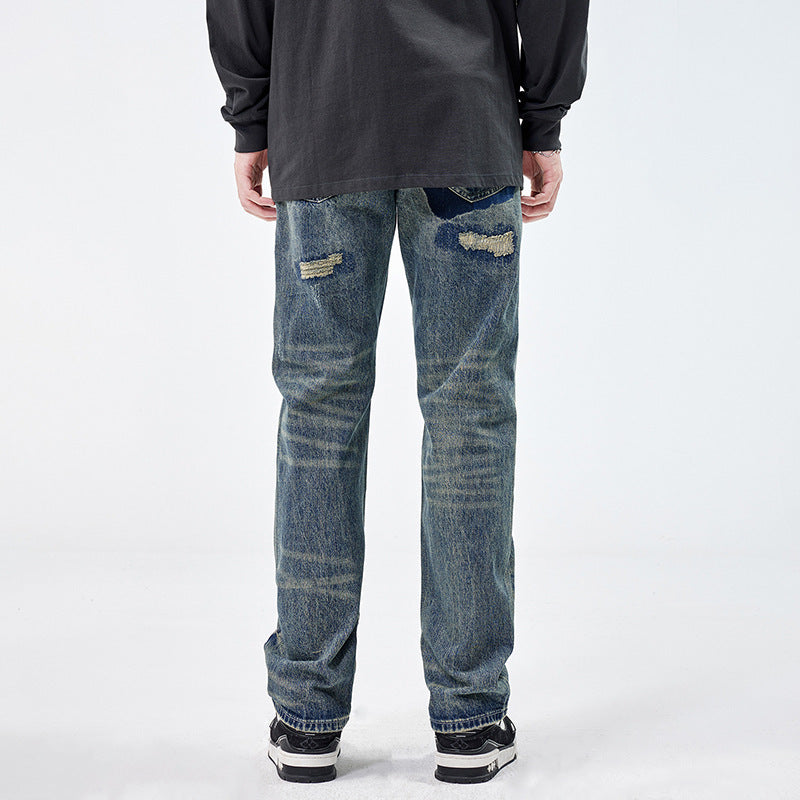 American Style Loose Broken Patch Straight Retro Denim Trousers Men