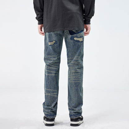 American Style Loose Broken Patch Straight Retro Denim Trousers Men