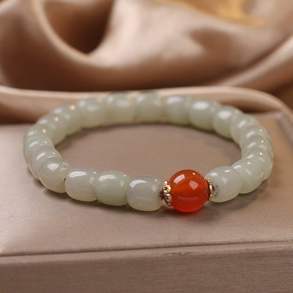 Ethnic Style Lucky Natural Hetian Jade Barrel Shaped Bead Bracelet