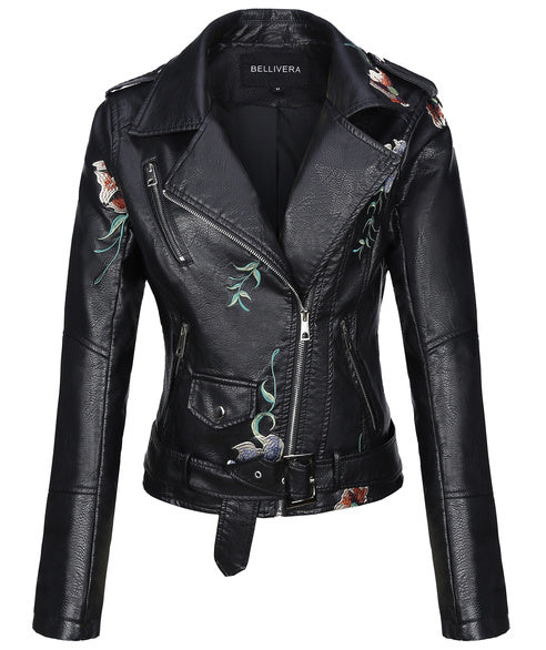 Giolshon Autumn Flowers Embroidery PU Leather Jacket Women