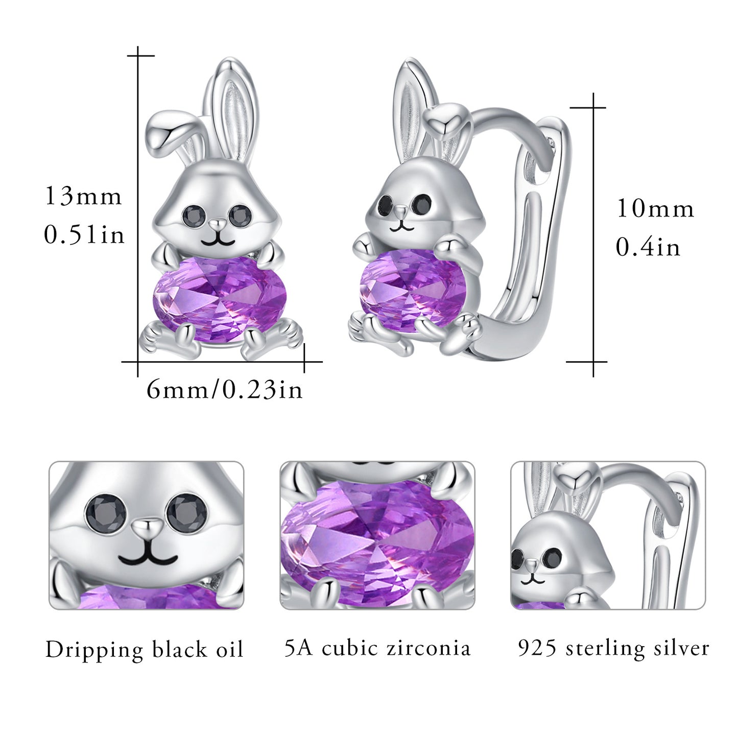 Bunny Earrings 925 Sterling Silver Rabbit Purple Zircon Huggie Hoop Earrings for Sensitive Ears