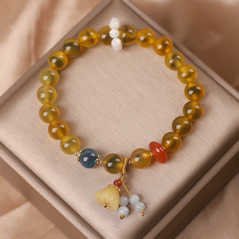 Chinese Retro Natural Stone Yellow Sugar Heart Agate Bracelet