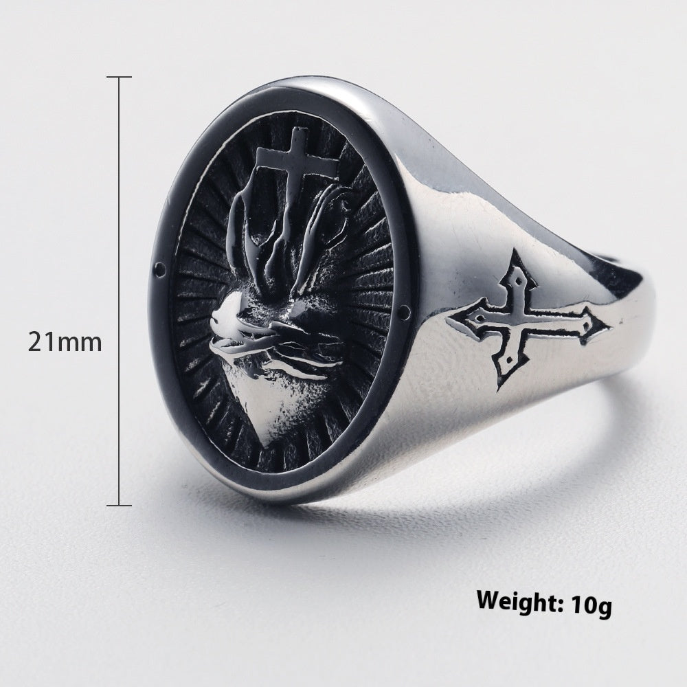 Nordic Punk Retro Style Cross Heart Titanium Steel Ring