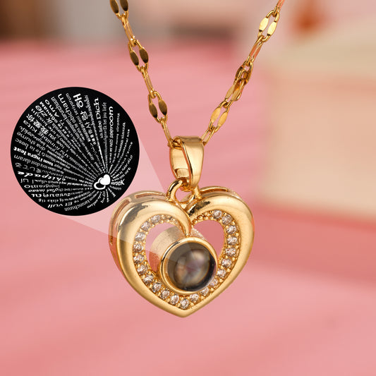 Peach Heart Love Projection Necklace In Multiple Languages, I Love You Memory Necklace