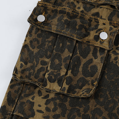 Men's Punk Distressed Pleated Leopard Jeans