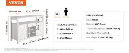 VEVOR Wine Bar Cabinet Wine Table for Liquor & Glasses Freestanding Farmhouse Wood Bar Cabinet Natural