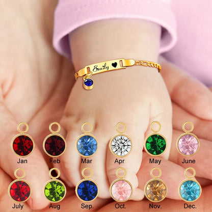 Customized Birthstone Bracelet for Baby, Personalized Stainless Steel Newborn Kids Children ID Name Bracelet, Birthday Gift