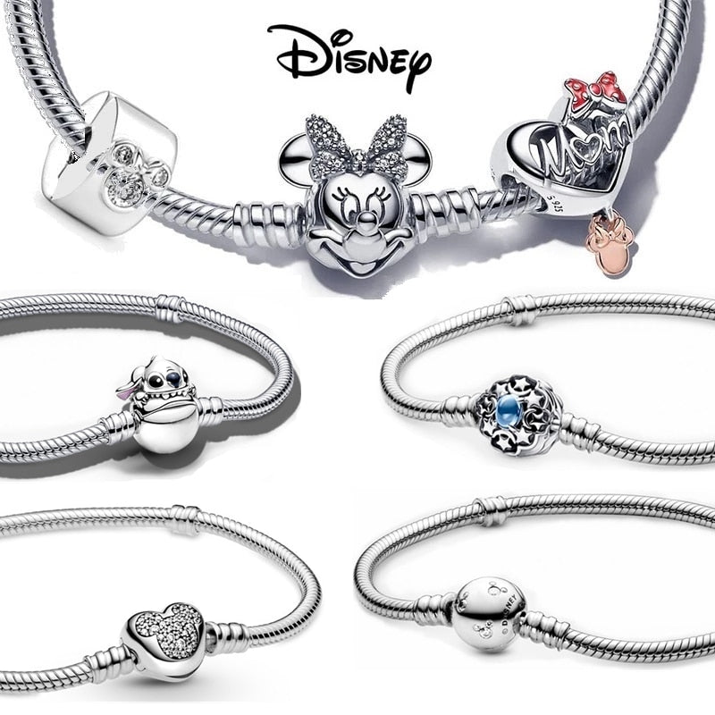 Disney 925 Sterling Silver Bracelet Moments Sparkling Mickey Mouse Heart Clasp Snake Chain Bracelet for Women DIY Charms Beads