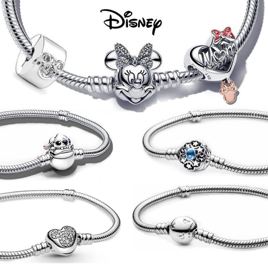 Disney 925 Sterling Silver Bracelet Moments Sparkling Mickey Mouse Heart Clasp Snake Chain Bracelet for Women DIY Charms Beads